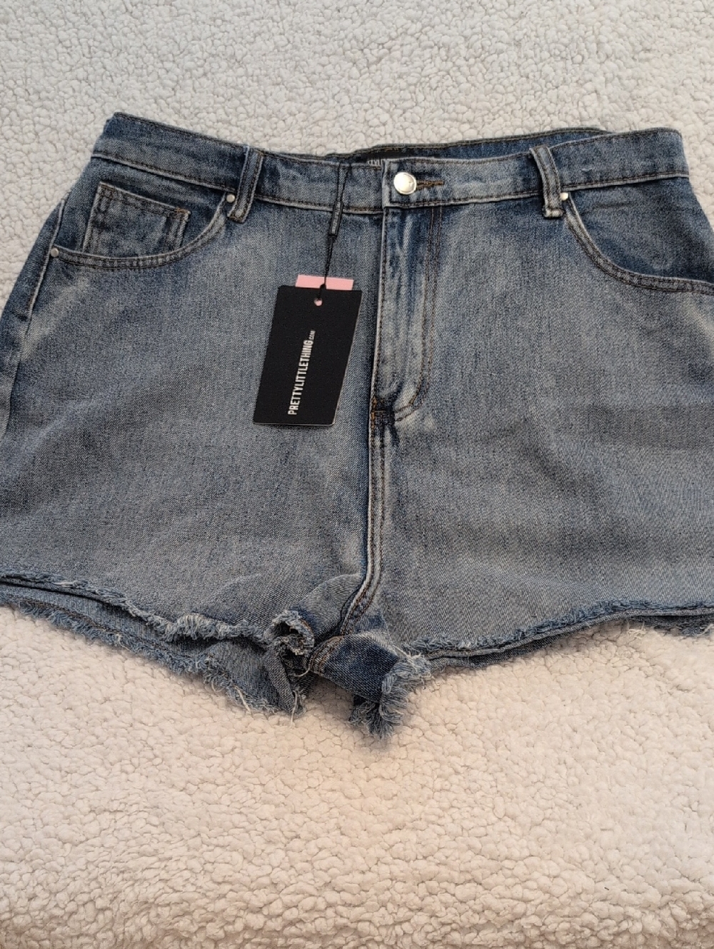 PrettyLittleThing Light Blue High Waist Frayed Denim Shorts